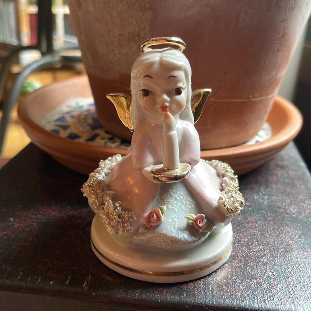 Vintage Lefton China Angel With Candle And Spaghetti Trim Japan